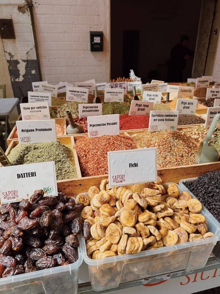 Food items for sale at Ortigia Street Market in Sicily 