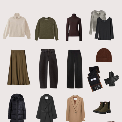 clothes of a winter travel wardrobe for Europe, including sweaters, thermal layers, and winter accessories