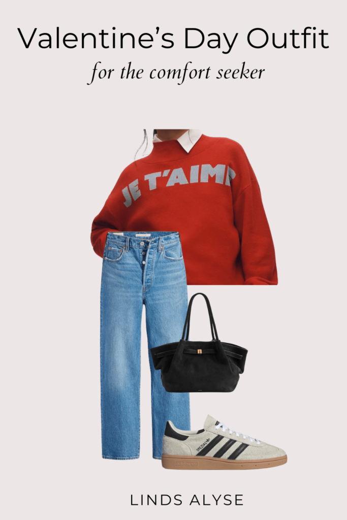 A comfortable and cute outfit with an oversized knit sweater, jeans, and trendy sneakers—ideal for a  day in or a casual date.