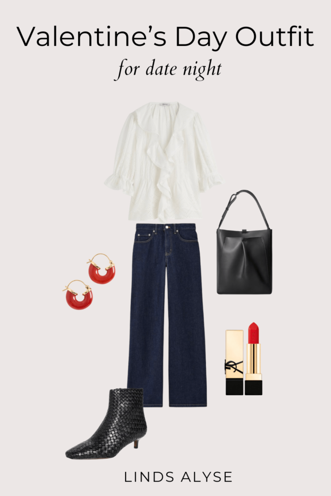 A simple Valentine's Day date outfit with a white blouse, dark jeans, red lipstick, and red flats perfect for a romantic dinner or drinks with a friend