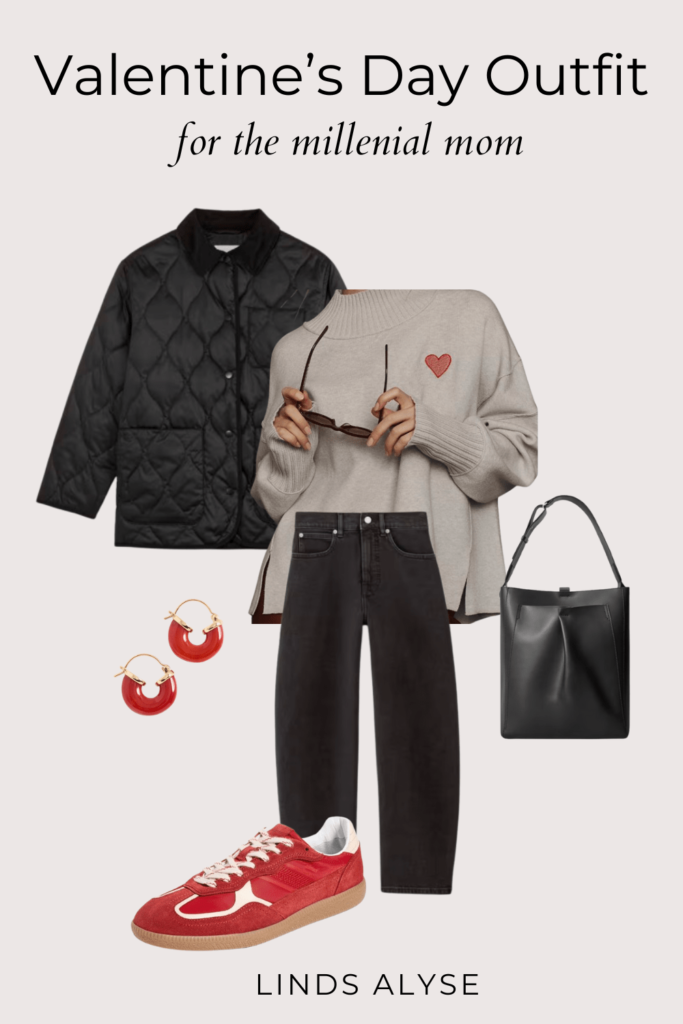 A stylish yet practical Valentine's Day outfit for moms, featuring a relaxed midi dress, trendy sneakers, and a crossbody bag—effortlessly put together and comfortable.