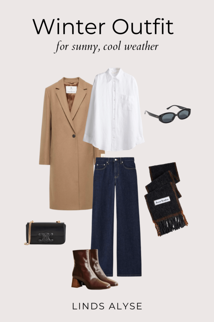 trendy winter travel wardrobe for Europe, including wool coat, white collared shirt, and winter accessories