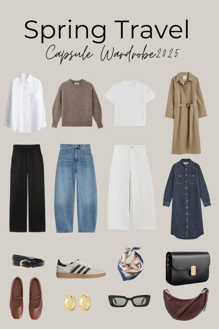 Spring Travel Capsule Wardrobe 2025 – A curated selection of versatile clothing pieces and accessories for effortless spring travel outfits. Includes a white button-down, sweater, t-shirt, trench coat, trousers, jeans, white pants, denim dress, loafers, sneakers, a belt, sunglasses, a scarf, gold earrings, and two crossbody bags.