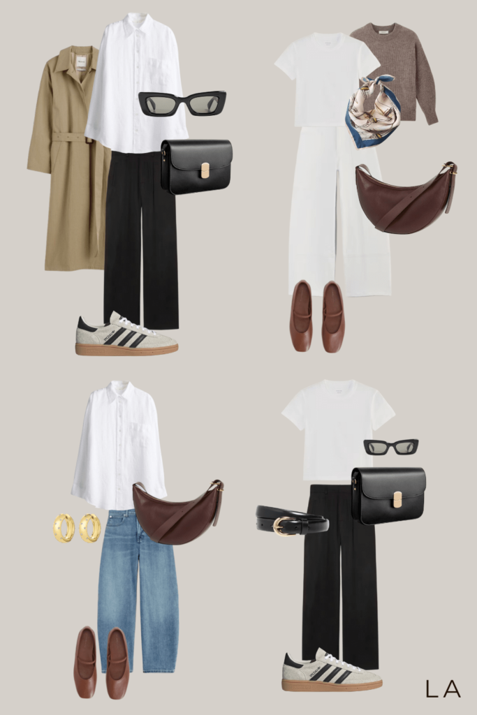 Spring travel outfit ideas using a capsule wardrobe. Four styled outfits featuring mix-and-match pieces, including a white button-down with black trousers, a sweater layered over a t-shirt with jeans, a sweater with white pants, and a denim dress. Accessories include sneakers, loafers, crossbody bags, sunglasses, a scarf, and gold earrings.