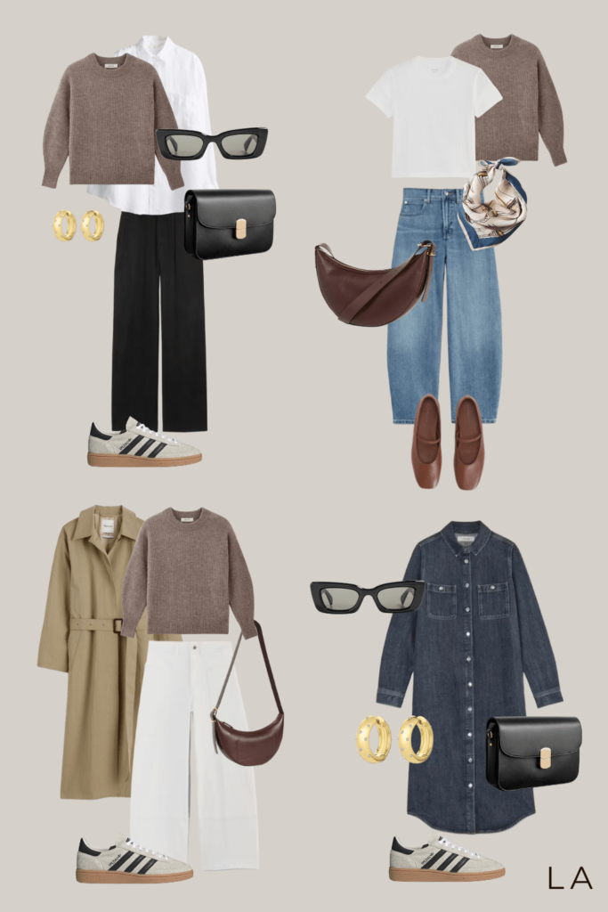 Spring travel outfit ideas using a capsule wardrobe. Four styled outfits featuring mix-and-match pieces, including a white button-down with black trousers, a sweater layered over a t-shirt with jeans, a sweater with white pants, and a denim dress. Accessories include sneakers, loafers, crossbody bags, sunglasses, a scarf, and gold earrings.