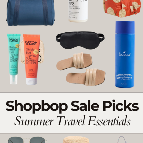 Flat lay of Shopbop sale travel essentials including summer travel items like a straw hat, Everyday Humans SPF sunscreen, navy duffel bag, nude slides, neutral sunglasses, packing cubes, crossbody bag, cream travel pouch, and olapluex hair mask.