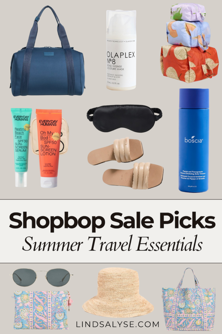 Flat lay of Shopbop sale travel essentials including summer travel items like a straw hat, Everyday Humans SPF sunscreen, navy duffel bag, nude slides, neutral sunglasses, packing cubes, crossbody bag, cream travel pouch, and olapluex hair mask.