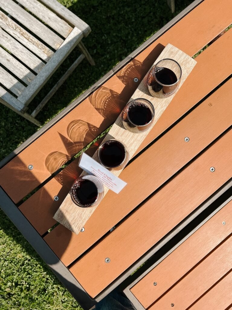 Outdoor wine tasting under the trees at Spoiled Dog Winery near Fort Casey on Whidbey Island.​