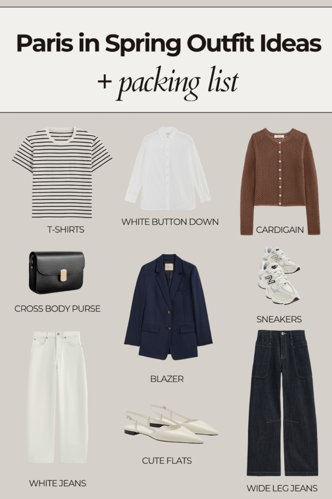Flat lay of essential pieces from a spring packing list for Paris, including white jeans, striped t-shirt, white button-down, cardigan, blazer, sneakers, flats, crossbody bag, and wide-leg jeans.