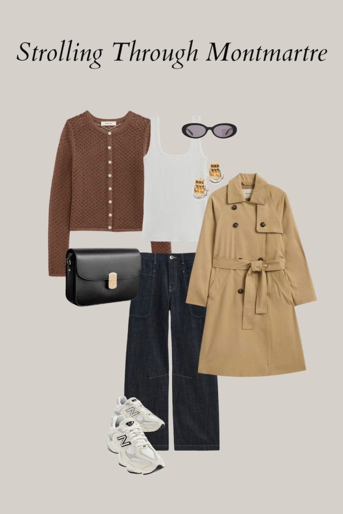 Chic spring outfit for Paris featuring a brown cardigan, white tank top, trench coat, wide-leg jeans, New Balance sneakers, gold hoop earrings, black crossbody purse, and oval sunglasses — perfect for strolling through Montmartre.