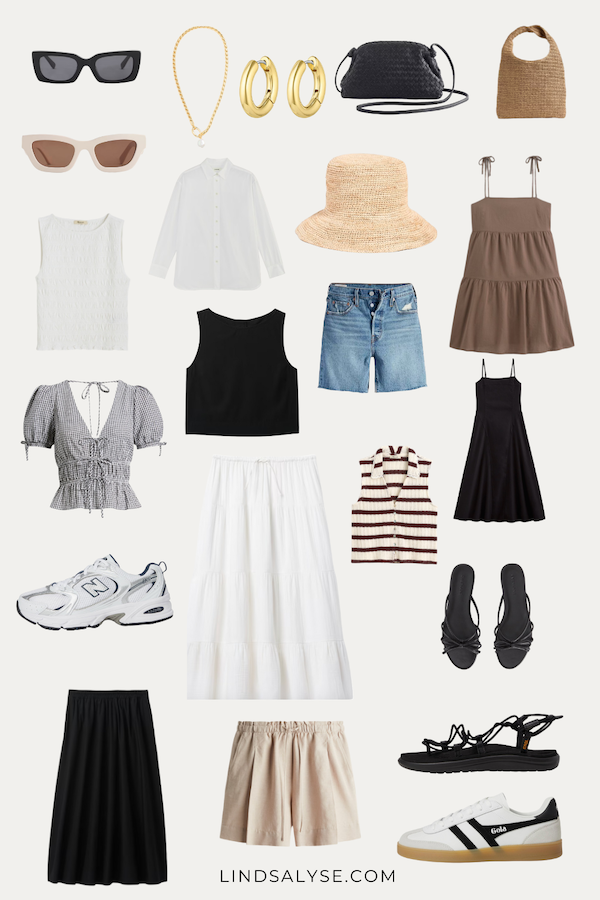 Flat lay of a summer travel outfit from a capsule wardrobe, featuring lightweight, stylish pieces like dresses, tops, shorts, and accessories perfect for warm weather trips.