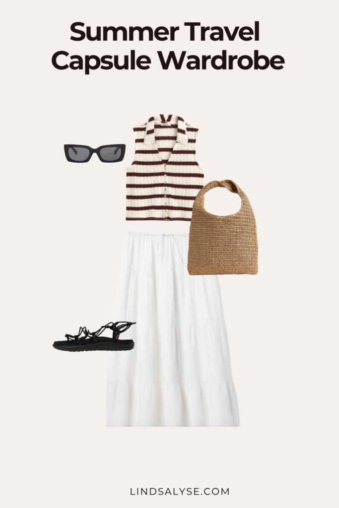 Summer travel capsule wardrobe outfit laid out flat, including chic and comfortable clothing and accessories ideal for warm-weather destinations.