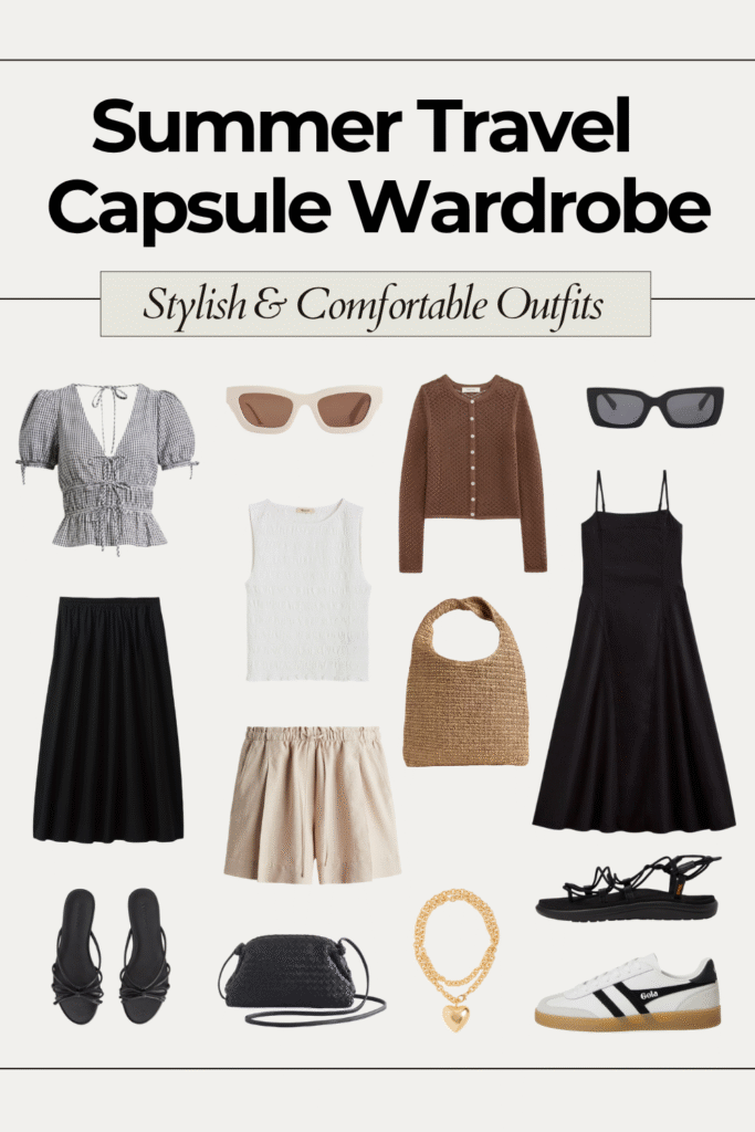 Flat lay of a stylish and comfortable summer travel capsule wardrobe featuring a black sundress, puff sleeve gingham top, white sleeveless blouse, beige shorts, black midi skirt, brown cardigan, sunglasses, sandals, sneakers, woven bag, black crossbody bag, and gold jewelry