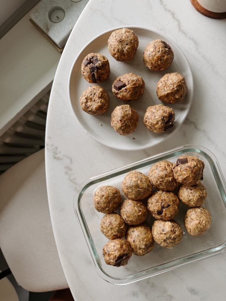 Close-up of soft and chewy lactation protein bites with chocolate chips