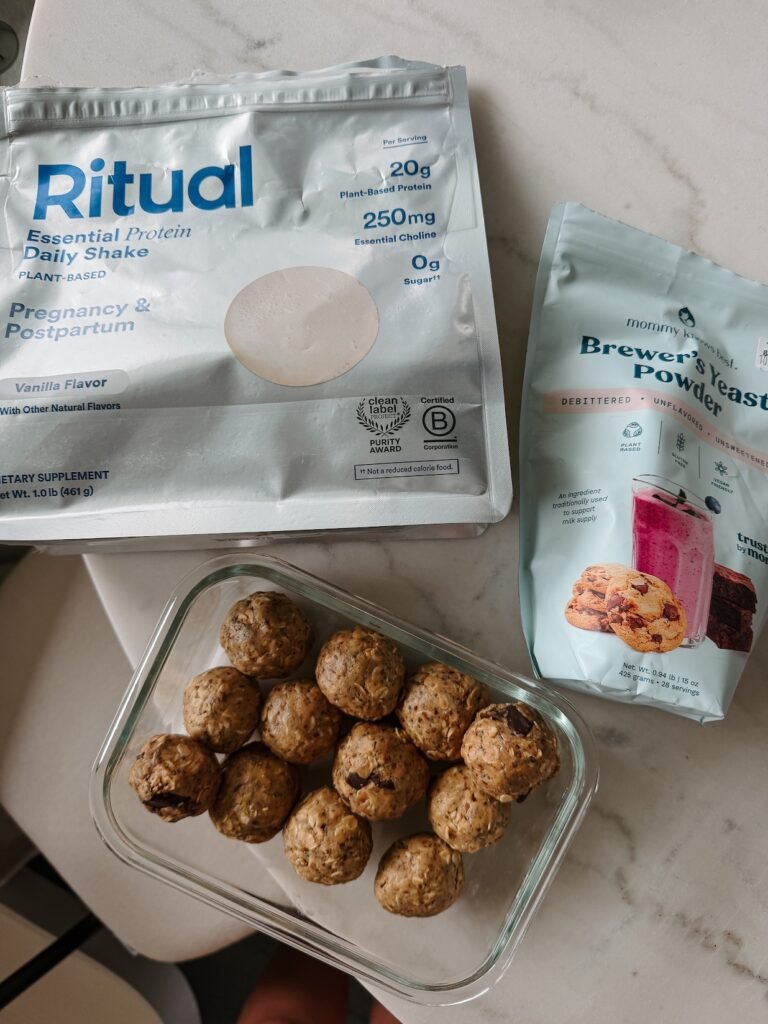 Ingredients for lactation protein bites including brewer’s yeast and pregnancy safe protein powder
